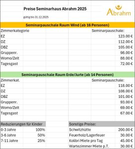 Preise im Seminarhaus Abrahm